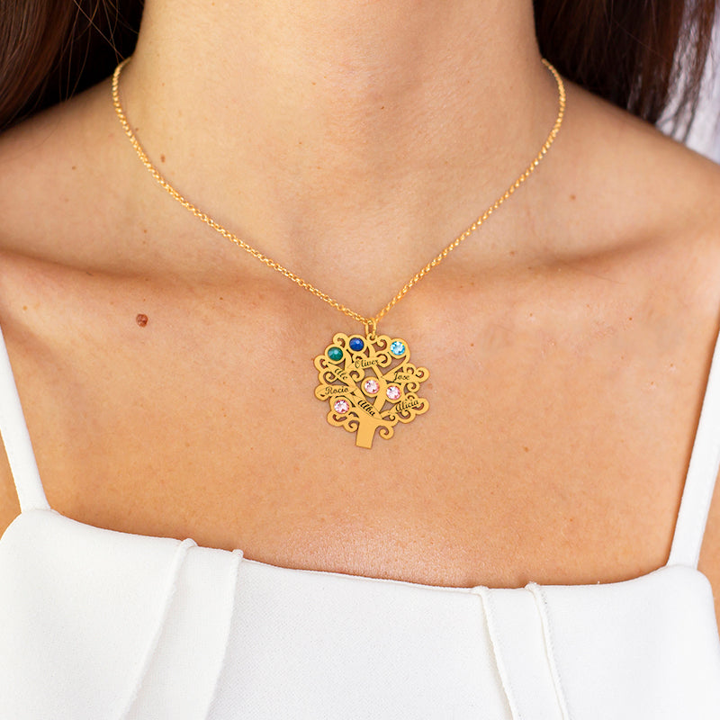 Collar árbol de la vida hasta 6 nombres y 6 piedras de nacimiento chapado en oro
