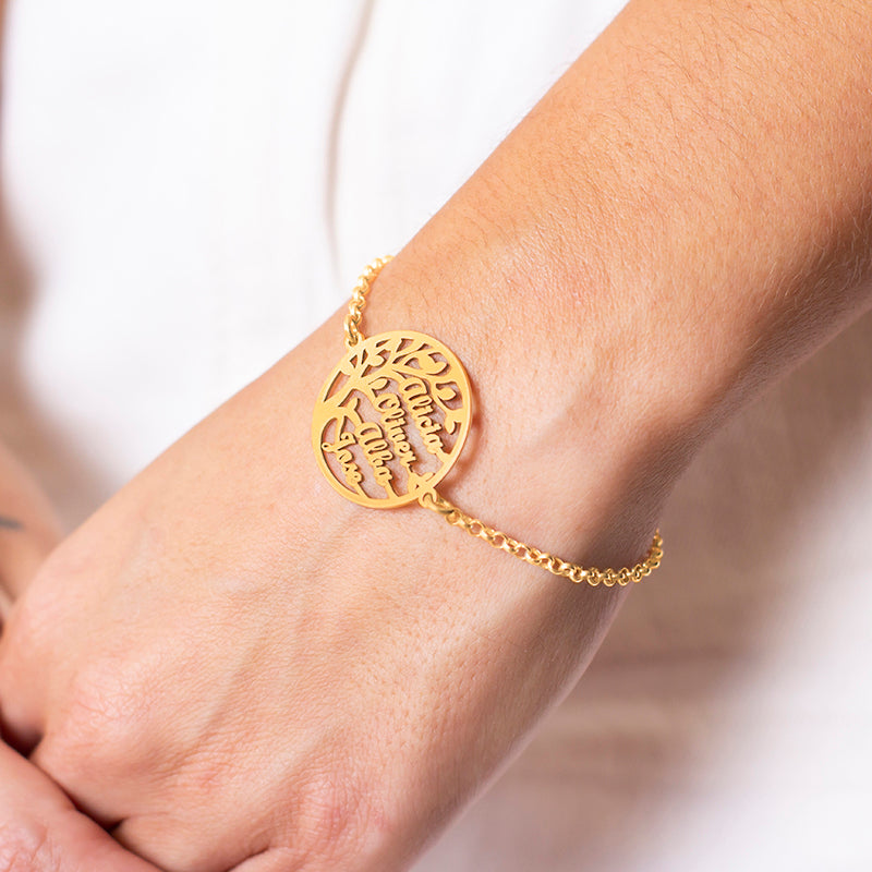 Pulsera de plata con árbol de la vida hasta 4 nombres chapada en oro