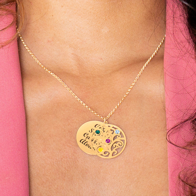 Collar árbol de la vida hasta 6 piedras de nacimiento y medalla hasta 6 nombres chapado en oro