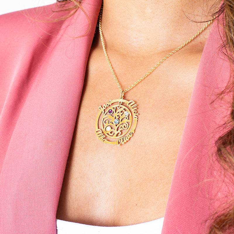 Collar árbol de la vida y aro hasta 4 nombres y 4 piedras de nacimiento chapado en oro
