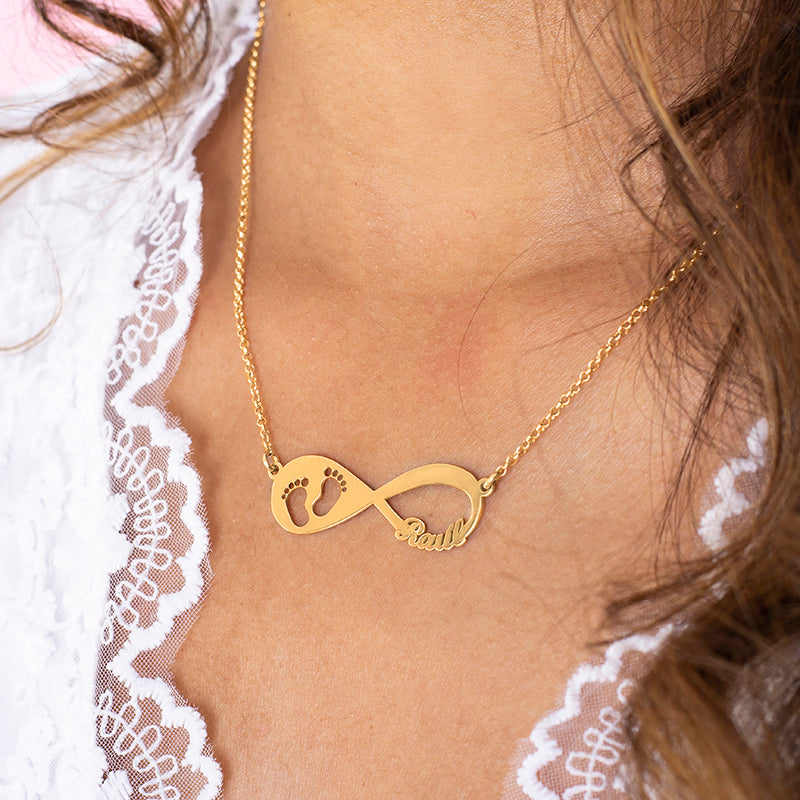 Collar de plata infinito huellas bebé chapado en oro