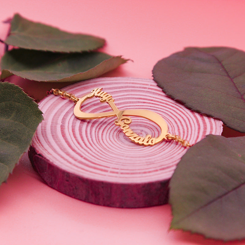 Pulsera de plata infinito 2 nombres chapada en oro