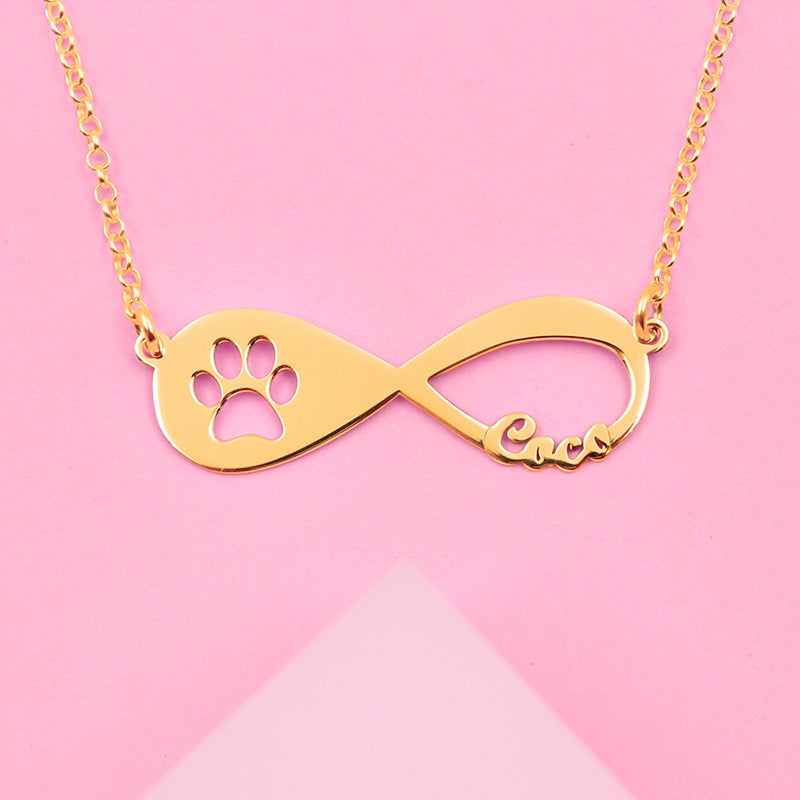 Collar de plata infinito huellas mascota chapado en oro
