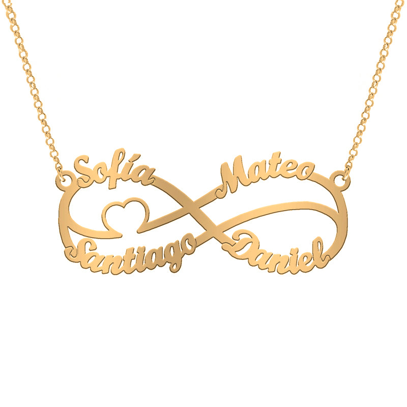 Collar de plata infinito hasta 5 nombres y corazón chapado en oro