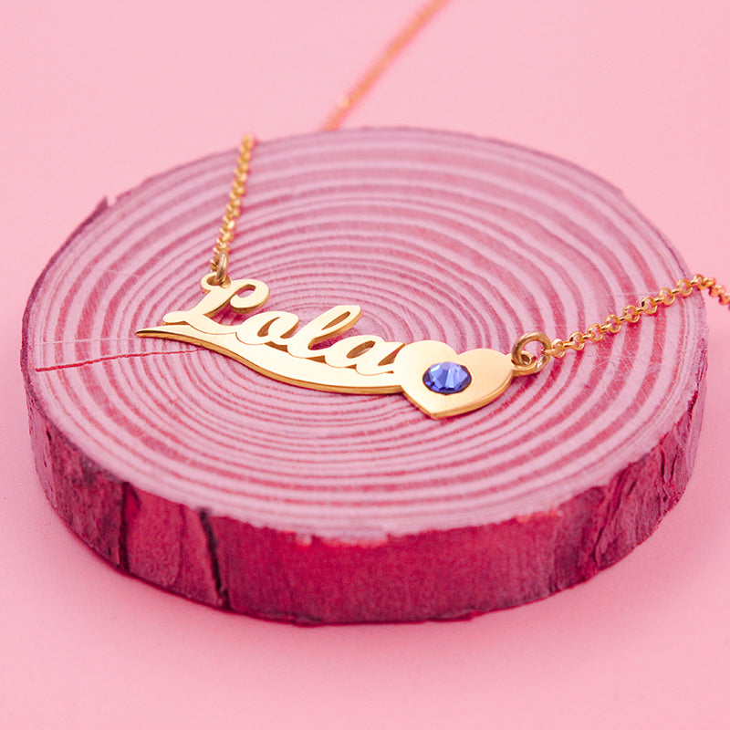 Collar de plata con nombre banda y piedra de nacimiento chapado en oro