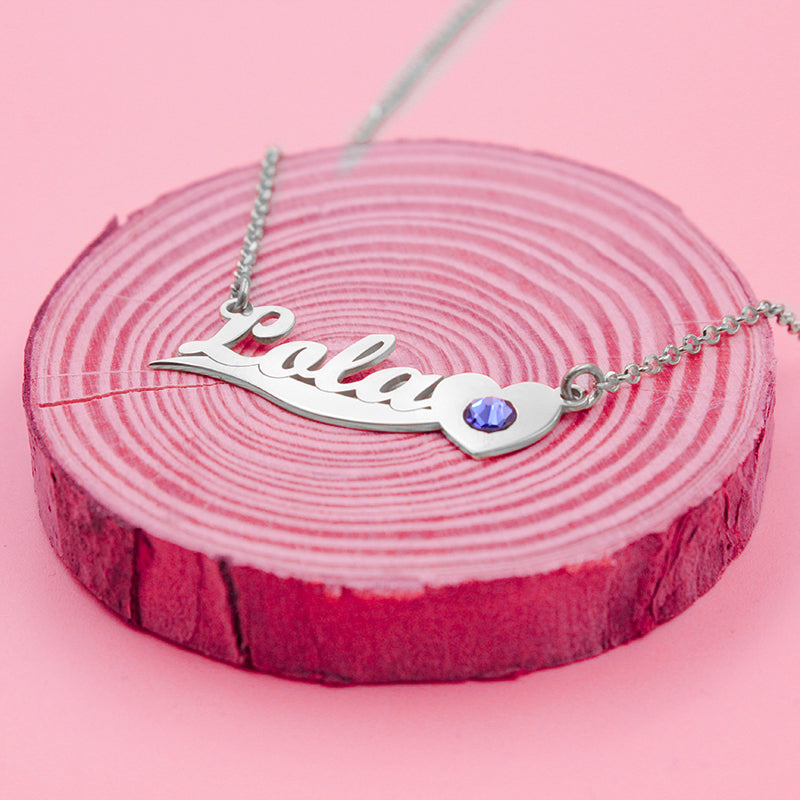 Collar de plata con nombre banda y piedra de nacimiento