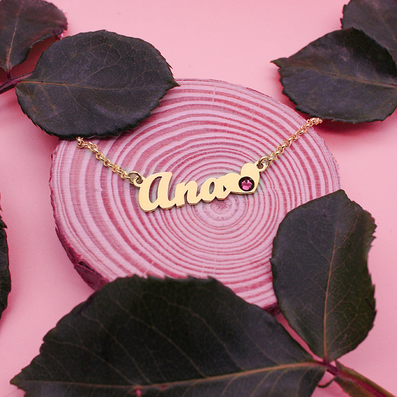 Collar de plata con nombre y piedra de nacimiento chapado en oro