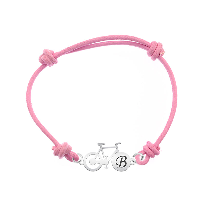 Pulsera de plata y cuero con bicicleta e inicial grabada