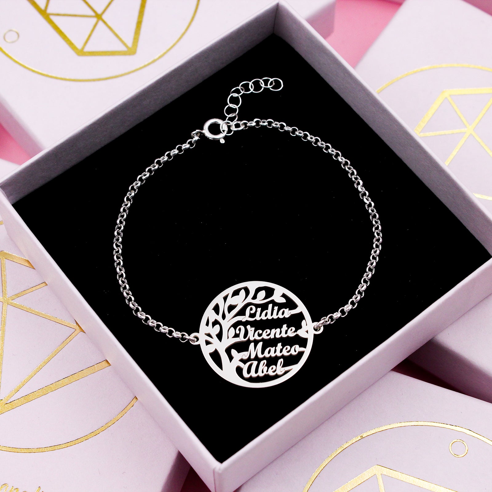 Pulsera de plata con árbol de la vida hasta 4 nombres